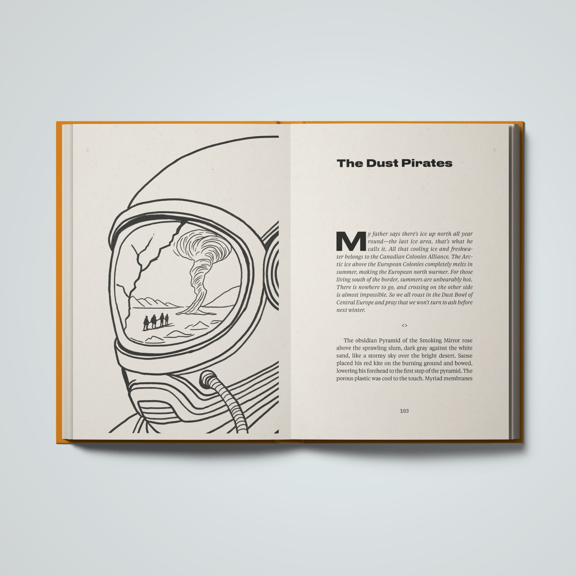 The Dust Pirates chapter opening with an illustrated spread of a helmet reflecting a dust storm