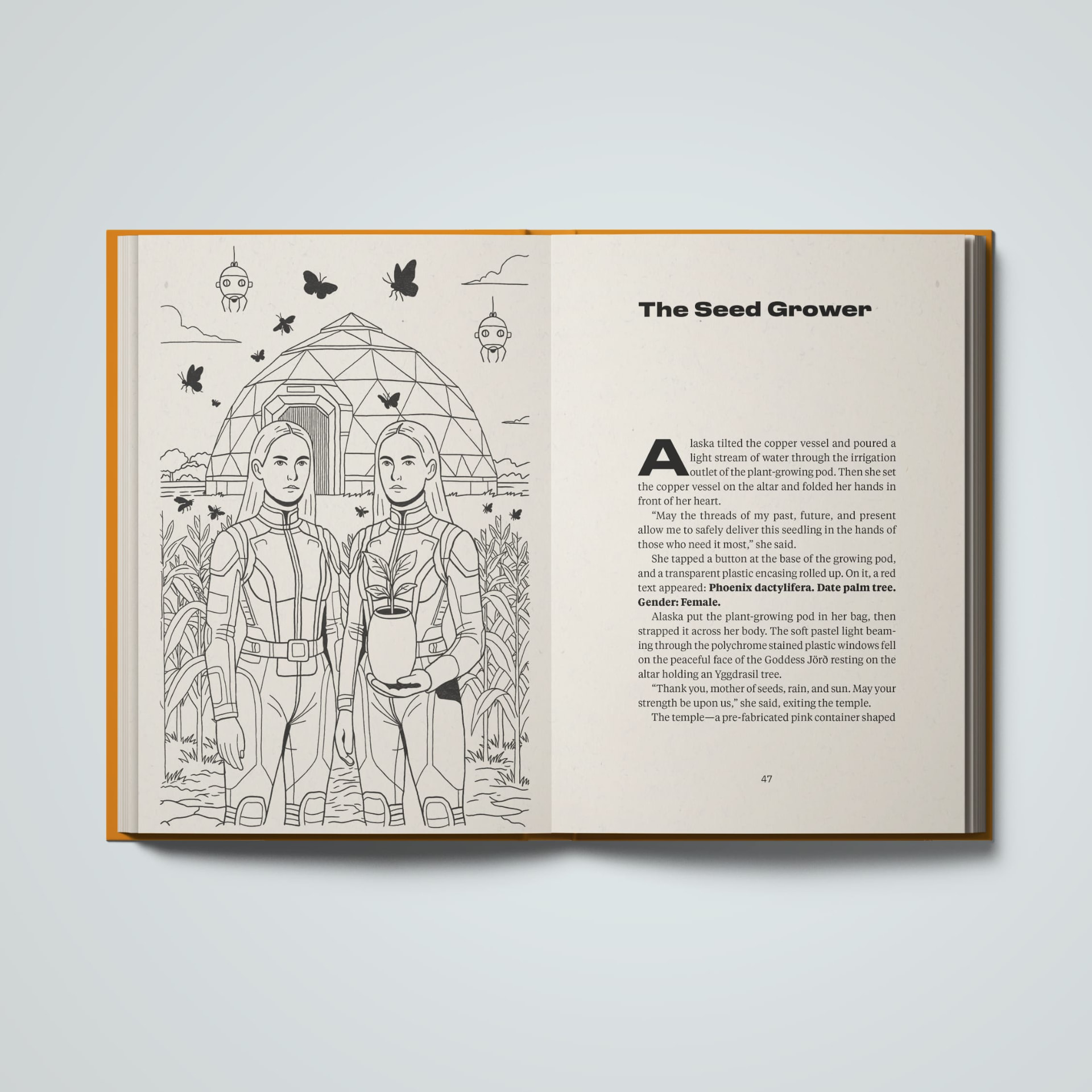 The Seed Grower chapter opening with an illustrated spread of two figures before a geodesic dome