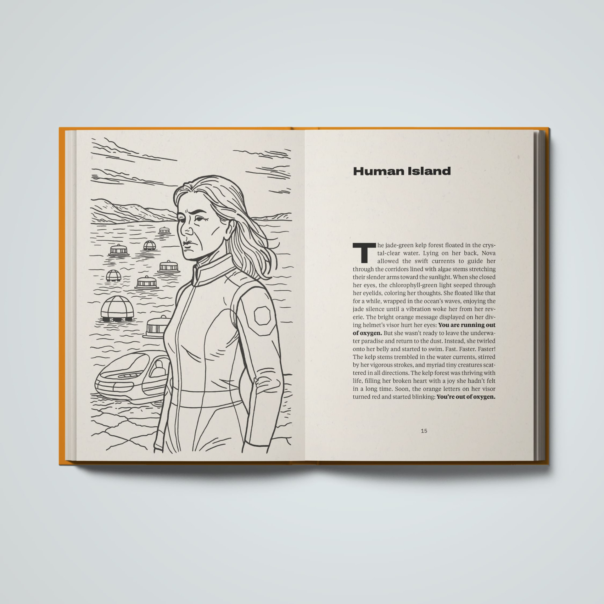Human Island chapter opening with an illustrated spread of a diver overlooking floating domes