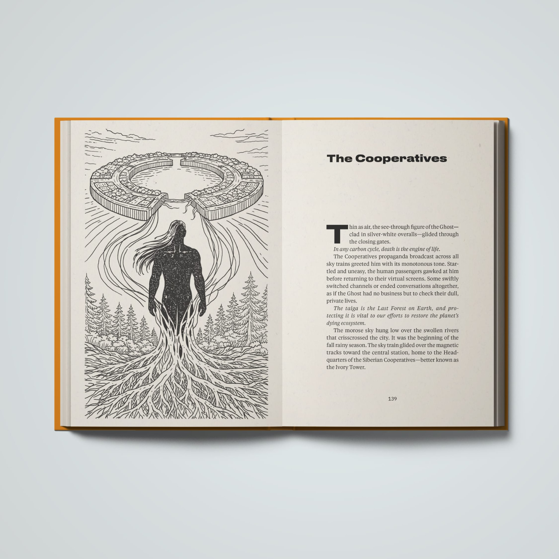 The Cooperatives chapter opening, with a full-page illustration of a floating city above a starlit figure rooted among pine trees