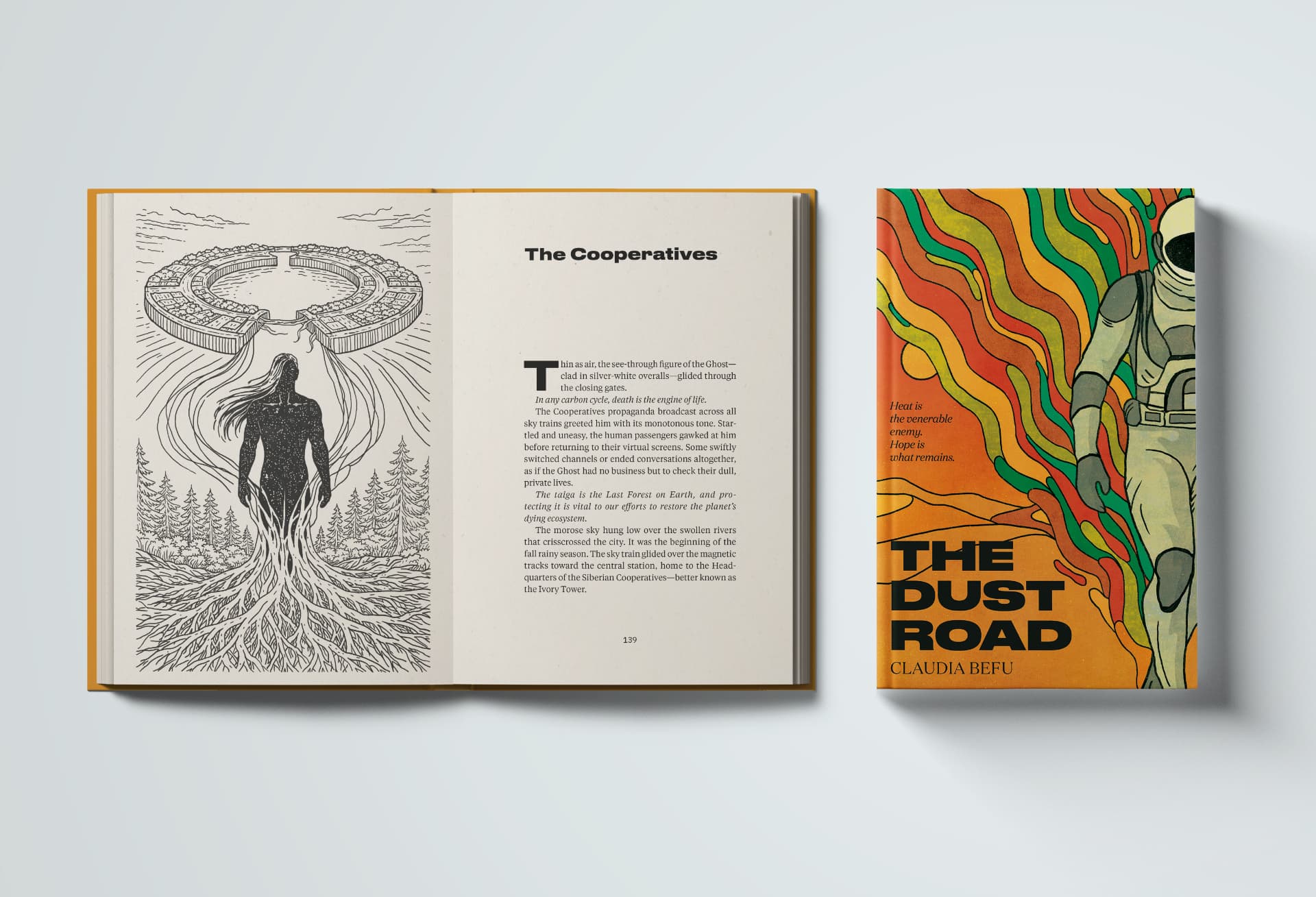 Open spread of The Cooperatives chapter — a full-page illustration of a figure rooted among pine trees beneath a ring station — shown beside the front cover